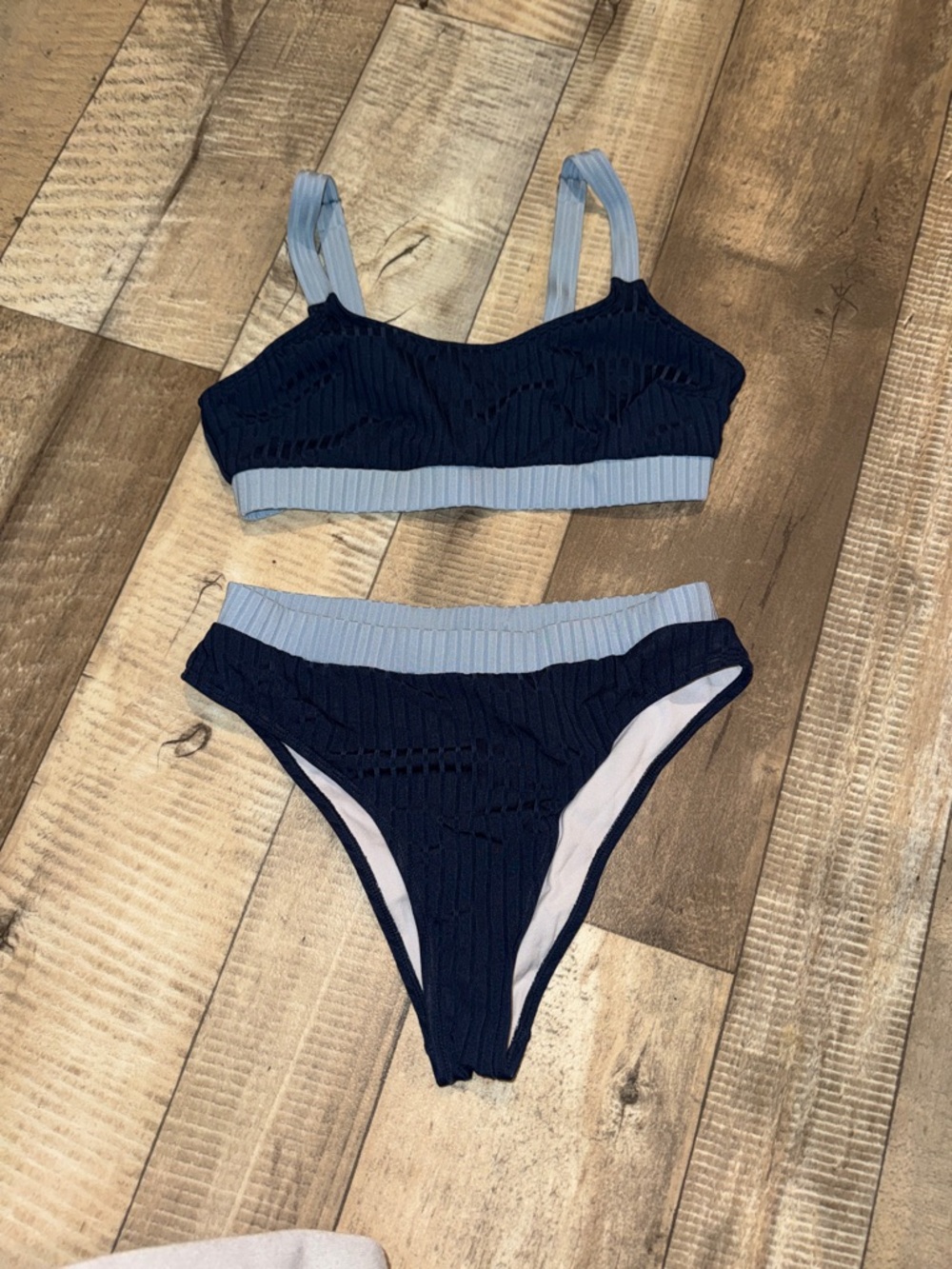 Ribbed Two-Piece Bikini Set in Navy and Light Blue